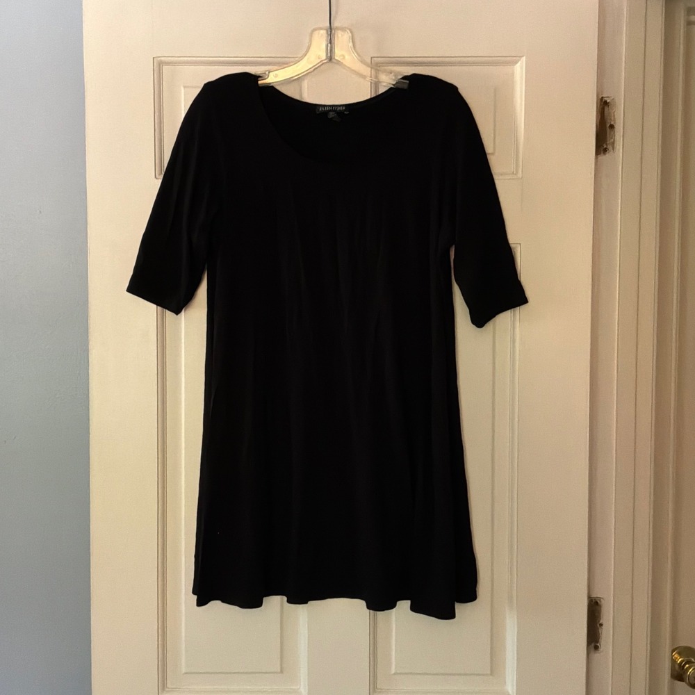 Eileen Fisher Black Viscose Jersey Tunic Top Elbow Sleeve L Minimalist Capsule